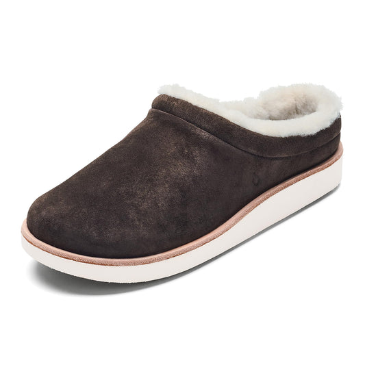 OLUKAI Mani Women's Leather Mule Slippers, Soft & Comfortable Slippers with Fleece Lining, Thick Rubber Outsole, All-Day Wear, Dark Oak/Golden Sand, 8