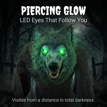 7FT Animated Halloween Werewolf Decoration - Sound Activated Werewolf Animatronic Outdoor with Motion, Lights and Sound, Scary Wolf in Red Plaid Shirt and Jeans, for Yard Porch Haunted House