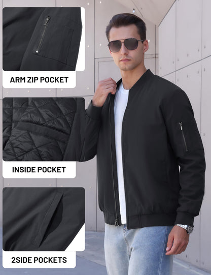TACVASEN Men's Bomber Jackets Thermal Quilted Jacket Water Resistant Warm Winter Coats with 4-Pockets Black L