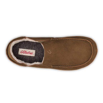 OLUKAI Moloa Slipper, Men's Premium Leather Slip-On Shoes, Soft Genuine Shearling Lining & Gel Insert, Drop-In Heel & All-Day Comfort, Kona Coffee/Kona Coffee, 9