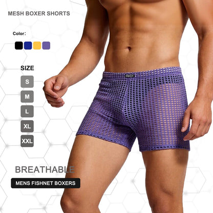 Mens See Through Shorts Fishnet Sexy Mesh Boxer Shorts Hollow Lounge Loose Underwear Purple M