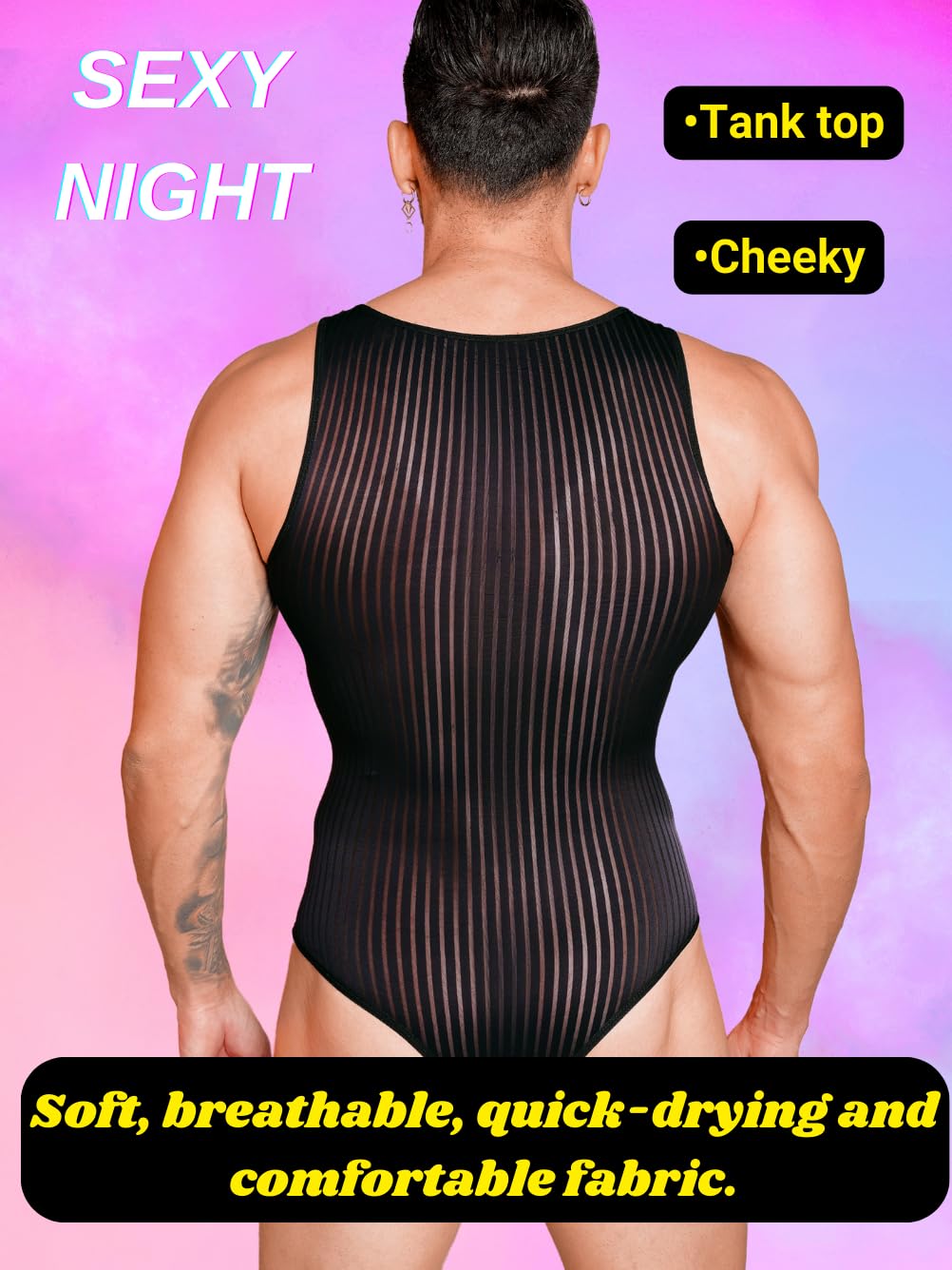 EHSUYAB Men's Sexy Lingerie, Ribbed Sheer Mesh Bodysuit, Shapewear Sissy Clothes Gay Club, Tank Top Muscle Suit Rave Outfits Black X-SMall Medium