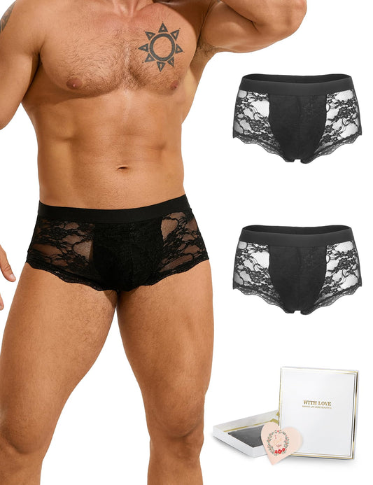 Mens Lace Underwear Low Rise Bulge Pouch Trunks Soft Boxer Briefs See Through Sexy Panties Lingerie for Men Cool Boxers 2 Pack