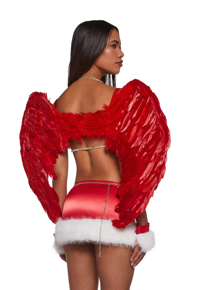 Dolls Kill Supermodel Angel Costume by Trickz N’ Treatz – Women’s Red Bejeweled Bra, Skirt, Gloves & Wings Set, Medium
