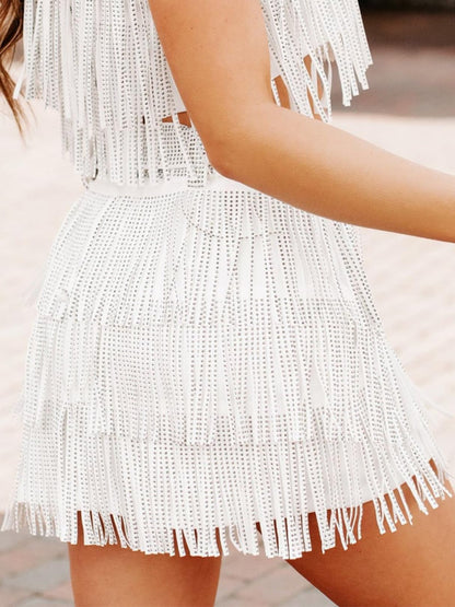 Womens Sparkle Rhinestone Fringe Skirt Elastic Waistband Short Mini Dress with Adjustable and Removable Belt(0002-White-M)