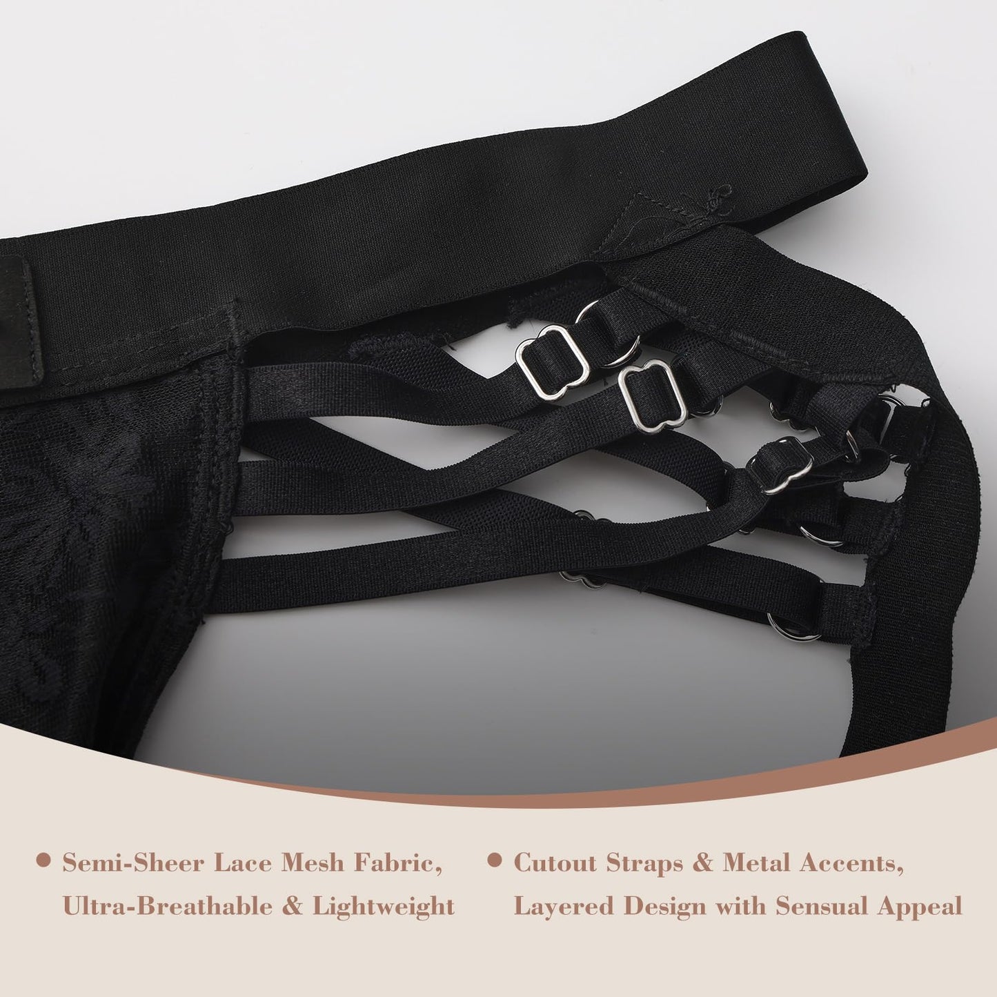 BSZN Men's Adjustable Strap Jockstrap, Black Floral Lace Pouch Underwear, Mid Rise Tight Fit Multi Metal Buckle Briefs from Midnight Visitor Collection