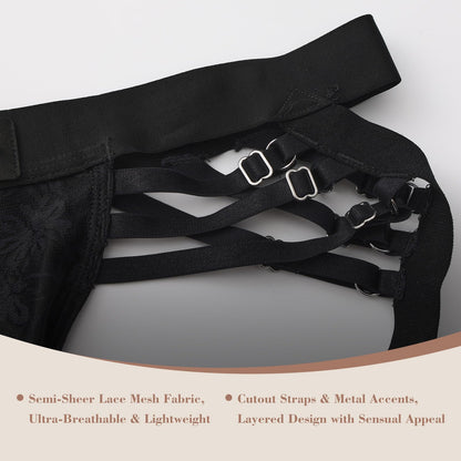 BSZN Men's Adjustable Strap Jockstrap, Black Floral Lace Pouch Underwear, Mid Rise Tight Fit Multi Metal Buckle Briefs from Midnight Visitor Collection