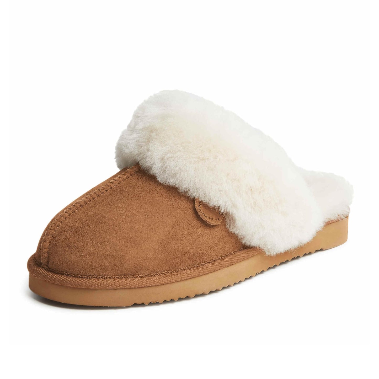 Dearfoams Women's Fireside Sydney Shearling Fur Indoor/Outdoor Scuff Slipper with Wide Widths, Chestnut, 6.5