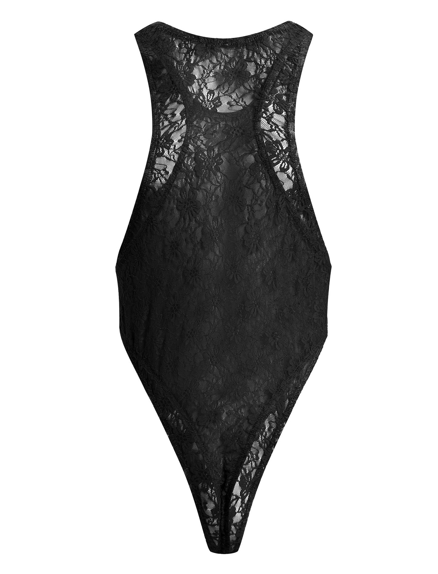 ABAFIP Men's Lace Bodysuit High Cut One Piece Leotard Sleeveless Racerback Sheer Lingerie Undershirts Top Black Large