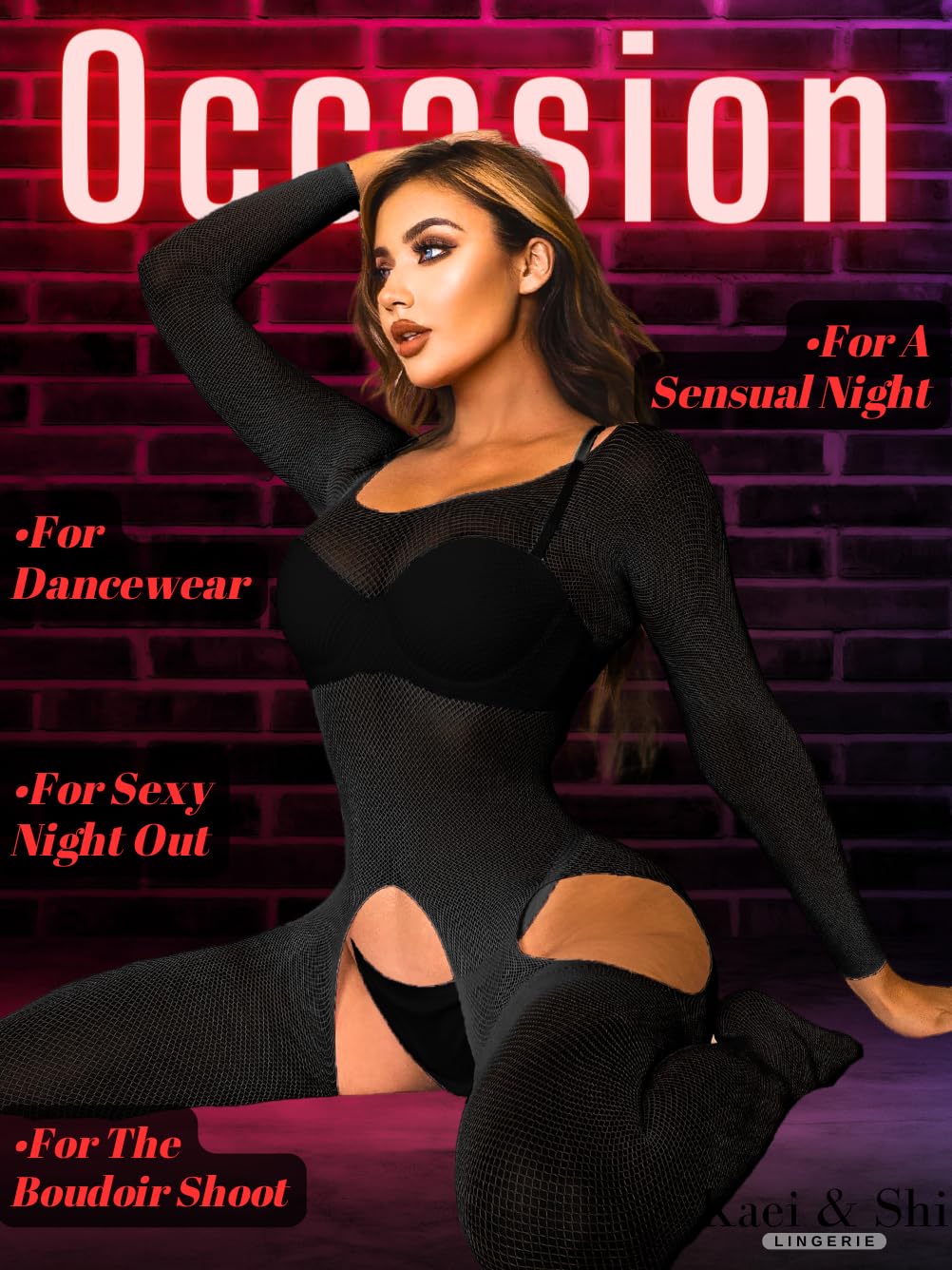 Kaei&Shi Fishnet Bodysuit For Women Fit 0-18, Sexy Long Sleeve Bodystocking, Plus Size Exotic Sheer Lingerie Glow Rave Outfit,Black