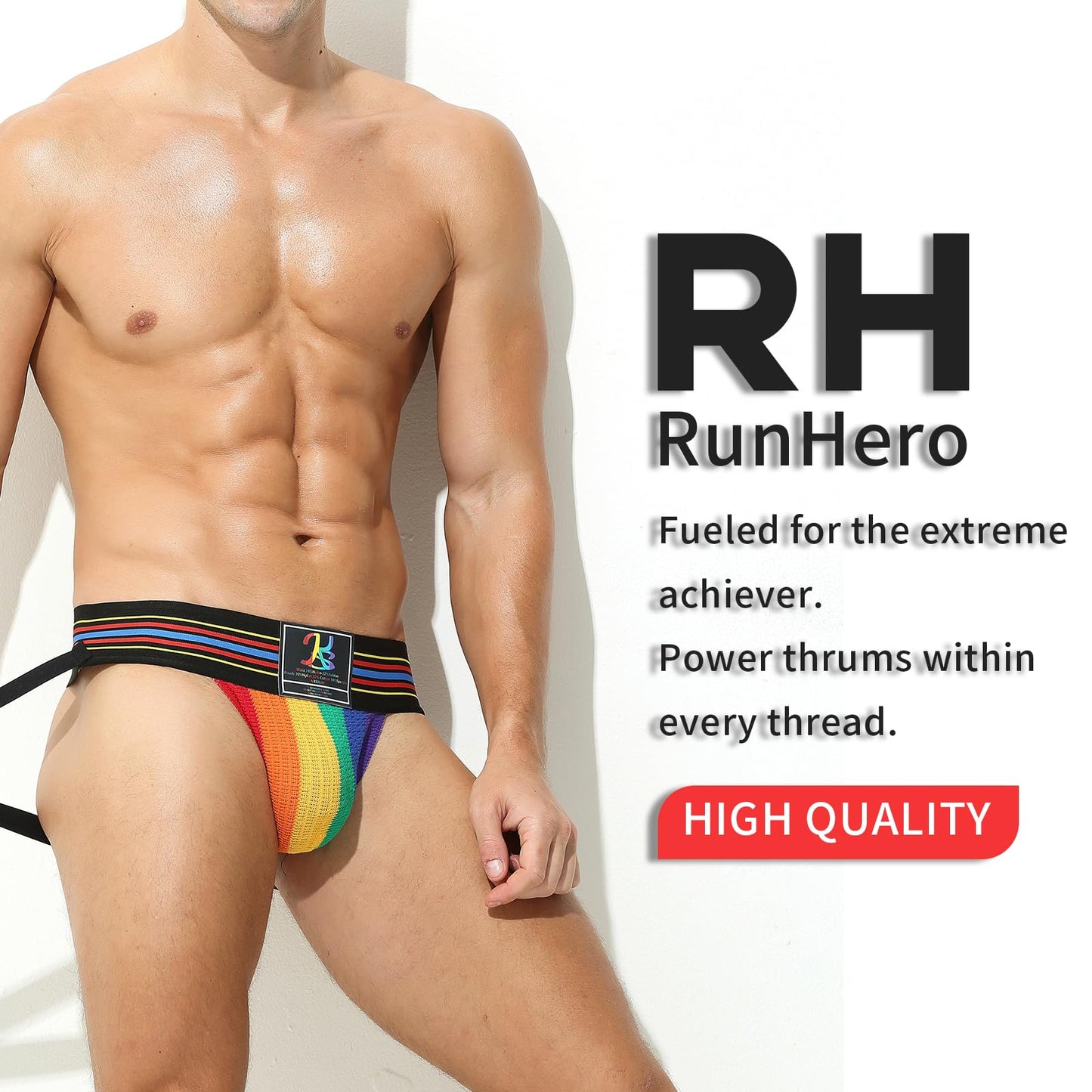 RunHero Cotton Mens Sexy Thong, Athletic Supporter Wide Band Breathable G-String Briefs Underwear for Sports or Bikini, Rainbow, L