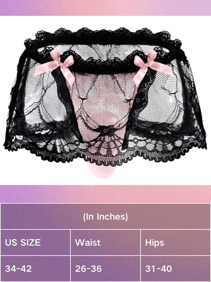 ChiaoLezhee Mens Lace Sexy Underwear, Sissy Pouch Panties Femboy For Men, Low Rise Bow Lingerie Fits 32-42, Sheer Girly, Light Pink, One Size