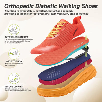Men's Orthopedic Diabetic Wide Sneakers: Comfortable Arch Support Neuropathy Outdoor Sneakers, Breathable Plantar Fasciitis Hammer Toes Walking Shoes Orange Red Size 11.5