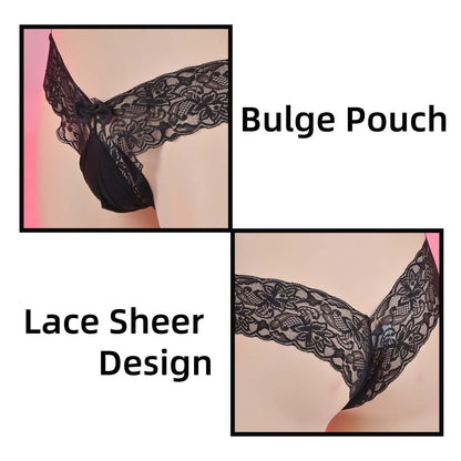 Femboy Men's Sissy Panties Sexy Tight Floral Lace Thong See Through Lingerie For Cross-dressers (Black-L)