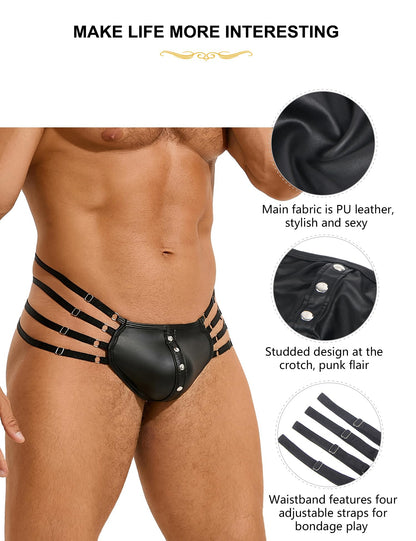 comeondear Mens Faux Leather Thong Panties Black Plus Size Jockstrap T-Back Bulge Pouch Briefs G-String with Rivet Sexy Low Rise Underwear