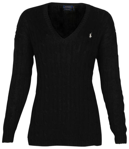 Polo Ralph Lauren Women's Cable Knit V-Neck Pony Sweater-Polo Black-Medium