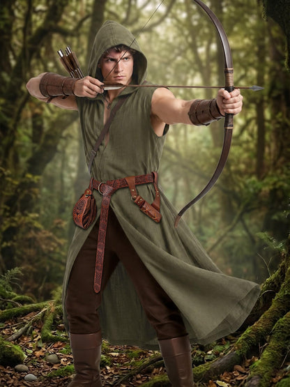 Renaissance Costume Set for Men - 4PC Medieval Viking Hooded Sleeveless Surcoat, Ren Faire Halloween Cosplay Outfit (Green, L)