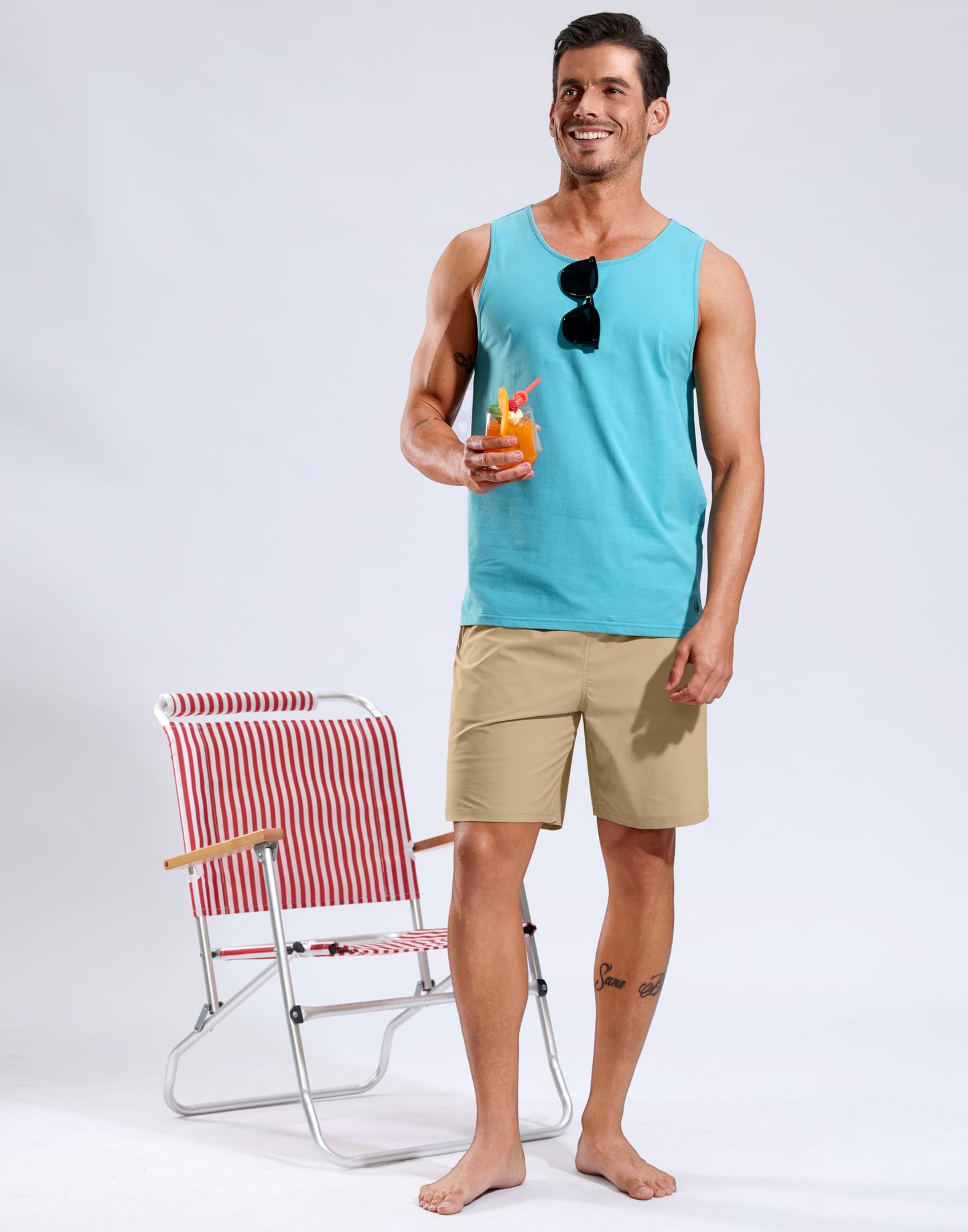 Mens Swim Trunks with Compression Liner -  Quick Dry Board Shorts Swimsuit Bathing Suit for Men - Khaki