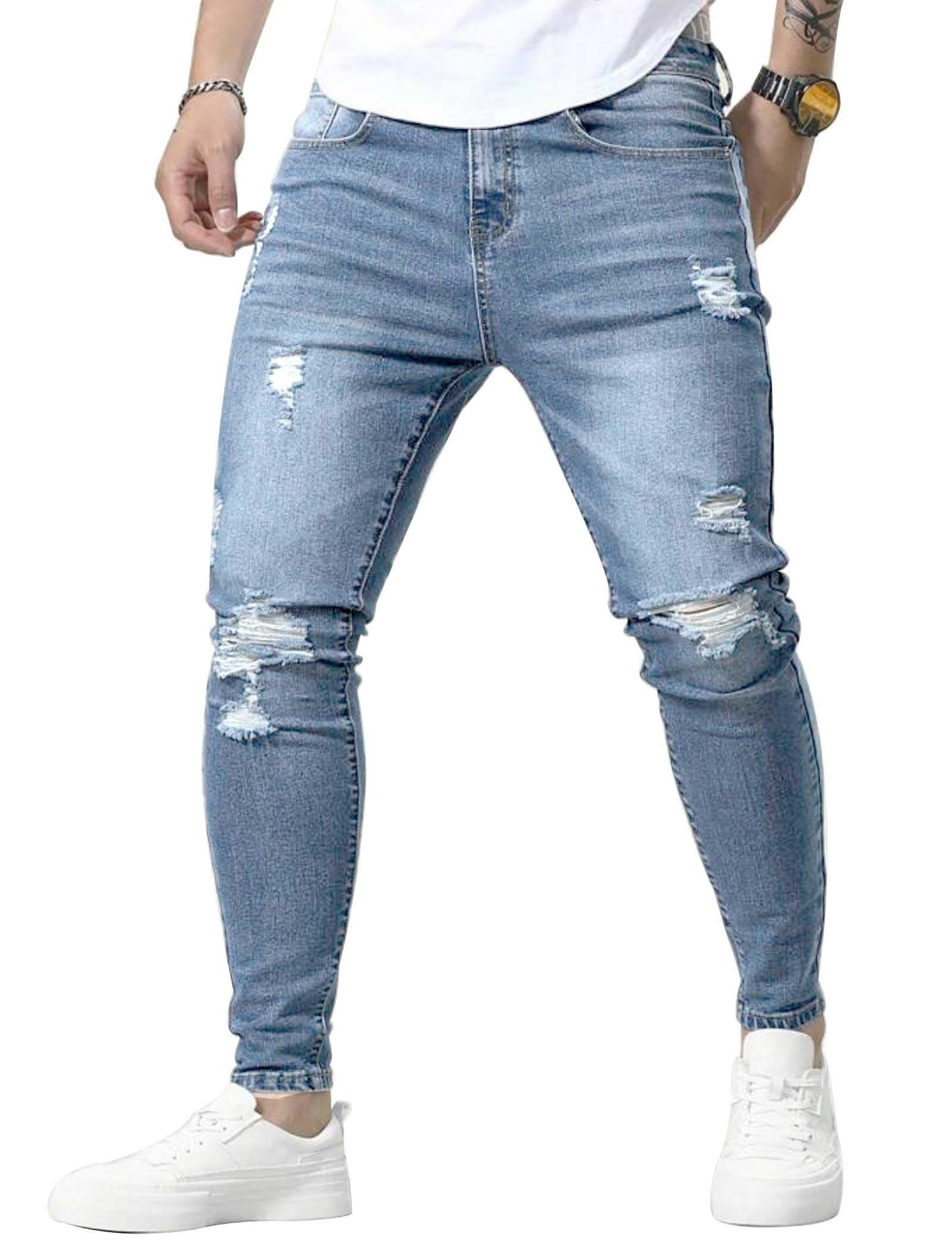HUNGSON Skinny Jeans for Men Stretch Slim Fit Ripped Distressed(LBlue,40)