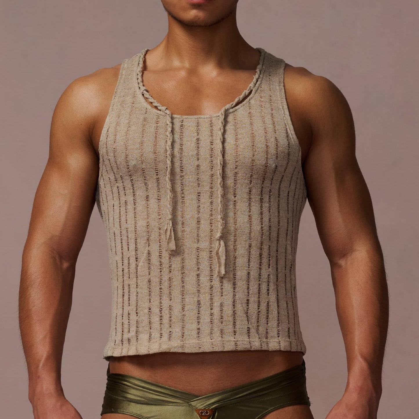 BSZN Men's Sexy Tank Top, Khaki Distressed Mesh Sailor Style Hand Braided Neckline Slim Fit Low Cut Sheer Wasteland Shirt from L-Siren's Elegy Collection