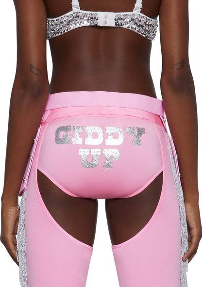 Dolls Kill Giddy Up Rhinestone Cowgirl Costume by Trickz N’ Treatz – Women’s Sequin Bra Top with Fringe Chaps & Hat, Pink, Medium