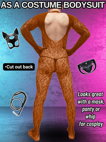 Rave Outfits For Men, Festival Party Clubwear, Leopard One Piece Full Lace Jumpsuit, Sexy Lingerie Costume Bodysuit One Size Brown