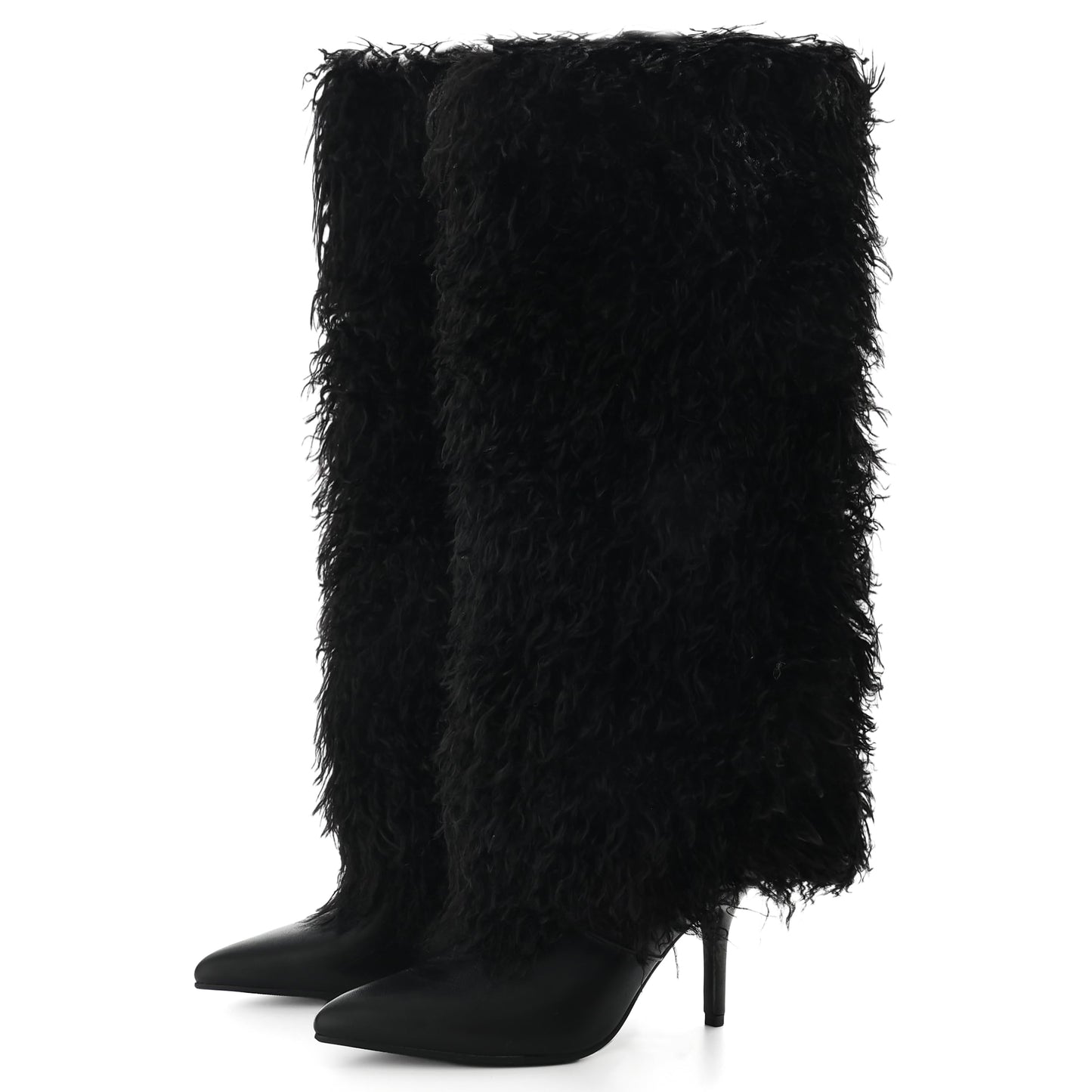 Fuzzy Knee High Fold Over Stiletto Heel Boots Black 10