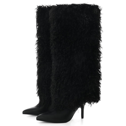 Fuzzy Knee High Fold Over Stiletto Heel Boots Black 10