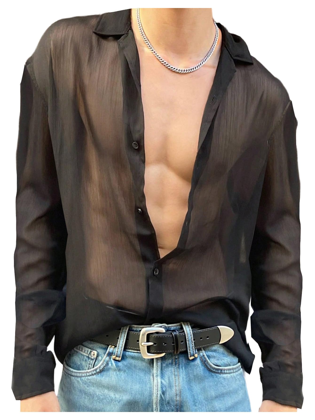 SHENHE Men's Mesh Sheer Long Sleeve Button Down Shirt See Through Party Rave Disco Shirt Top Black Small