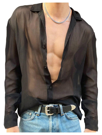SHENHE Men's Mesh Sheer Long Sleeve Button Down Shirt See Through Party Rave Disco Shirt Top Black Small