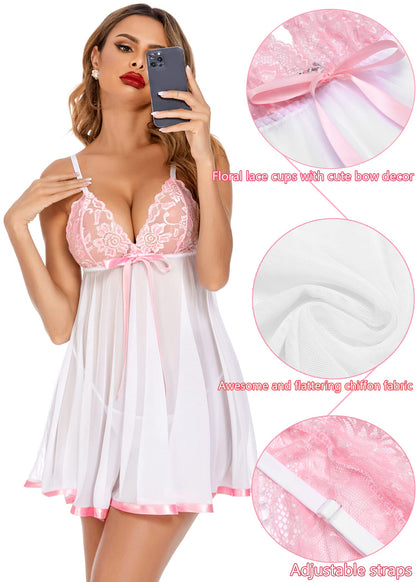 Sissy Lace Babydoll Strap Sleepwear Sheer Chemise V neck Teddy White S