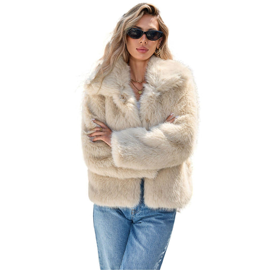 Women Faux Fox Fur Coat Wide Notch Lapel Fluffy Furry Jacket