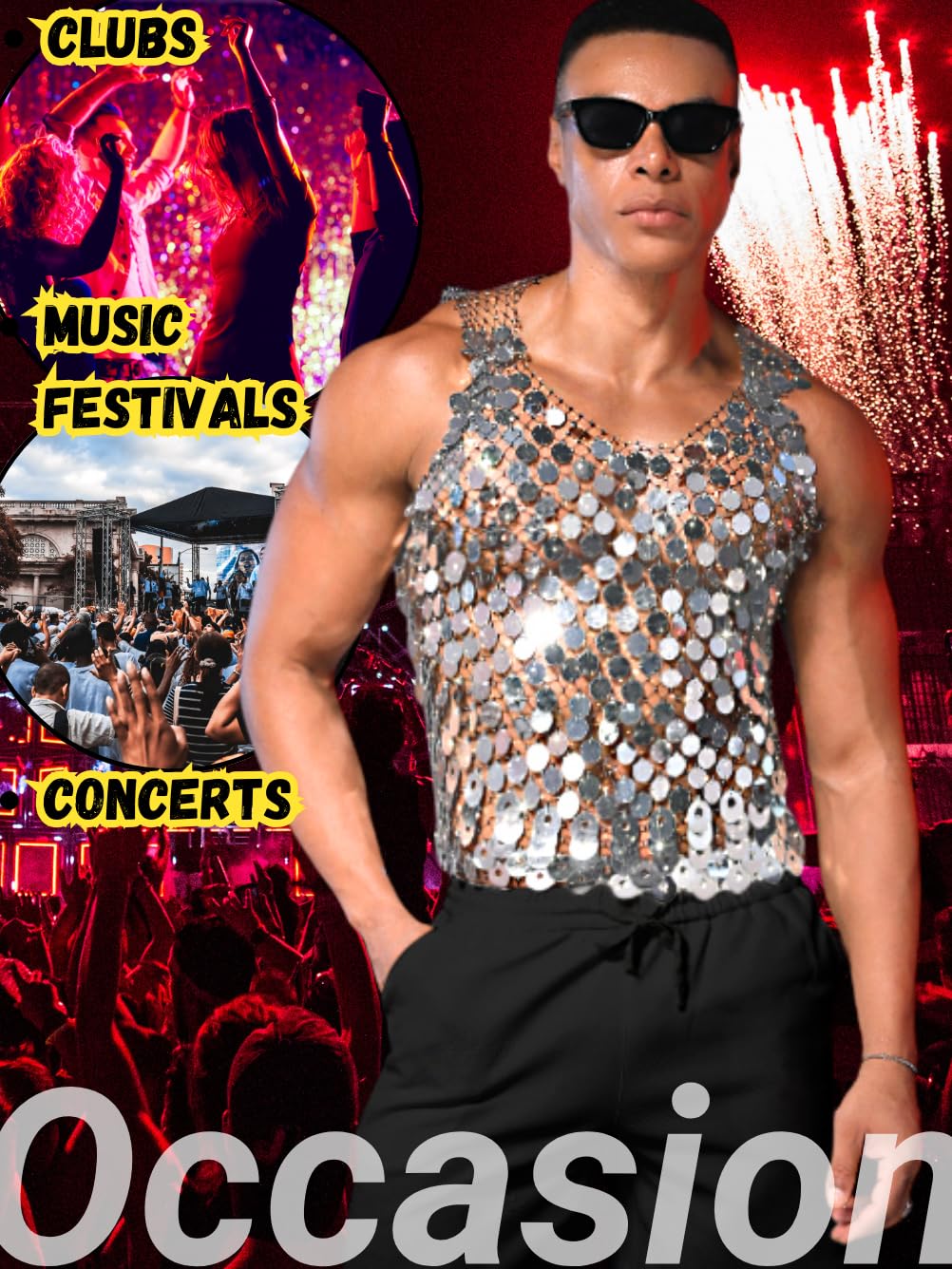ChiaoLezhee Men's Big Sequin & Rhinestone Mesh Shirt for Rave, Sparkly Reflective Metallic Sexy Tank Top,Club Party Festival Outfits Summer Going Out Fishnet Glitter Sheer Sleeveless,Silver