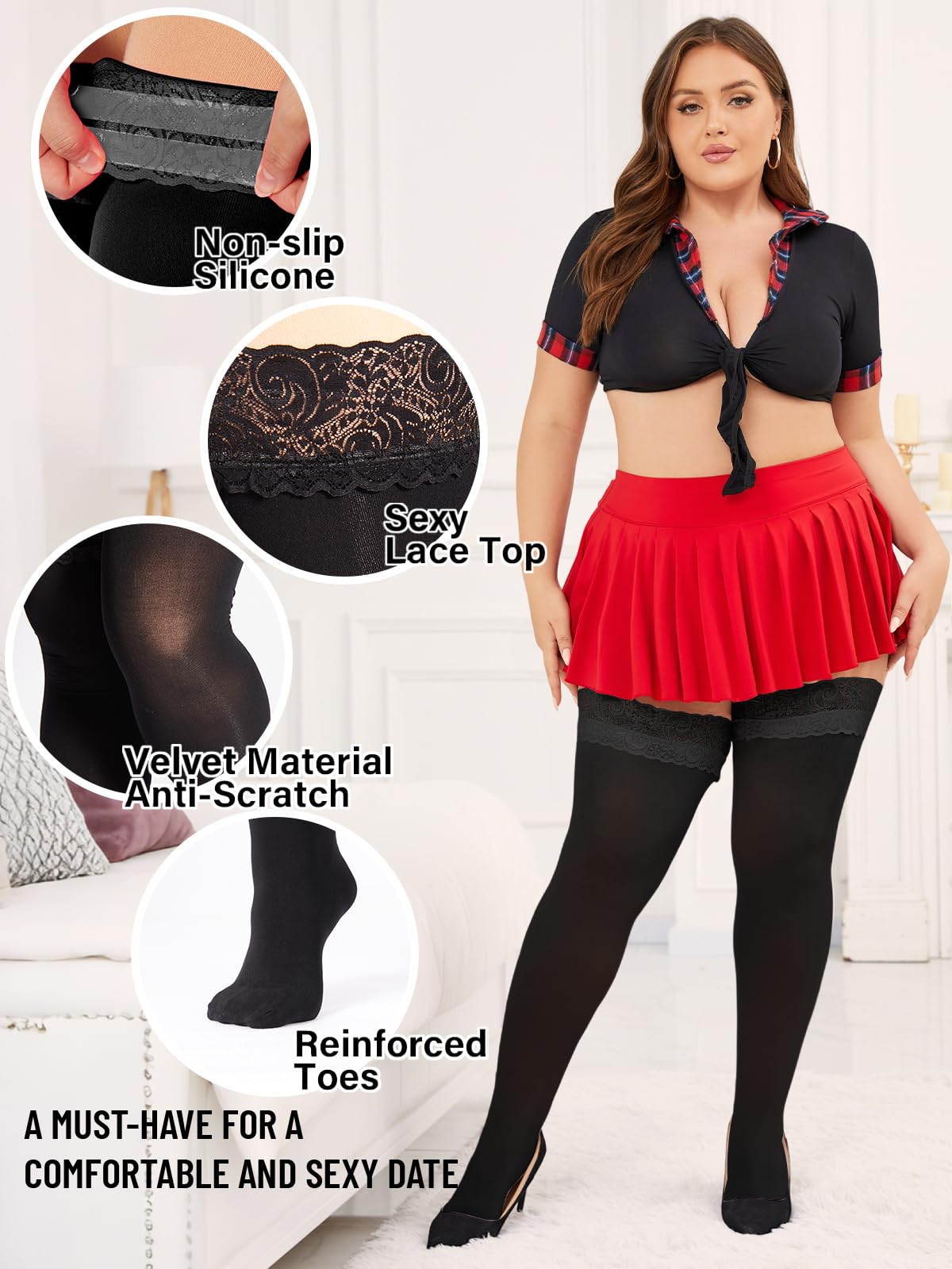 Moon Wood Plus Size Lace Top Silicone Stay-Up Thigh High Stockings for Women Sexy Semi Sheer Hosiery for Party