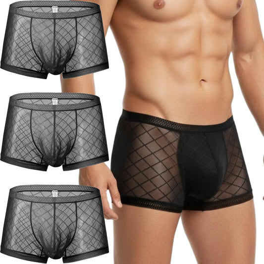 Mens See Through Boxers Sexy Mesh Lace Trunk Underwear Seamless Thin Bulge Pouch Boxer Briefs 3XL 3-Pack Black