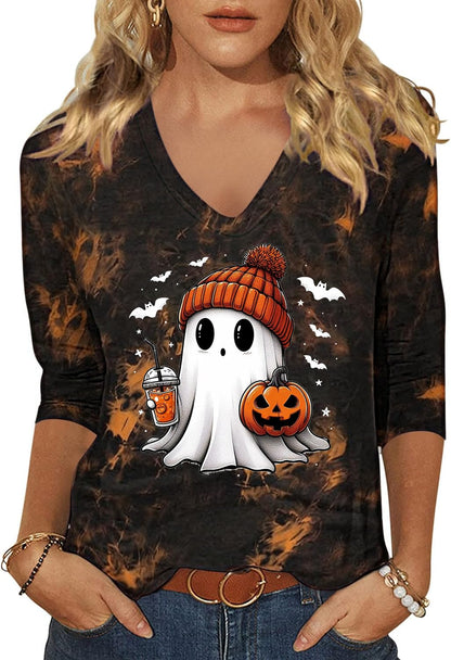 CGTPI Women's Halloween Cute Ghost V Neck Tie-dye Shirt,Black04,M