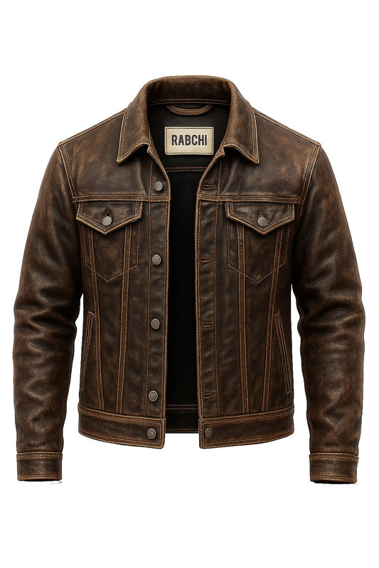 RABCHI Men’s Distressed Brown Lambskin Leather Trucker Jacket – Vintage Denim Style Moto Coat (US, Alpha, X-Large, Regular, Regular, dark brown distressed denim jacket)