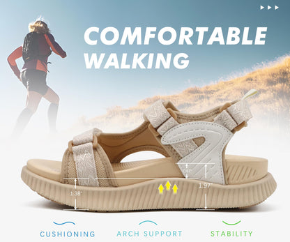 KuaiLu Womens Orthopedic Walking Sandals Comfortable Arch Support Plantar Fasciitis Relief Sport Recovery Chunky Cushion Adjustable Summer Outdoor Beach Vacation Athletic Water Shoes Beige Size 8.5