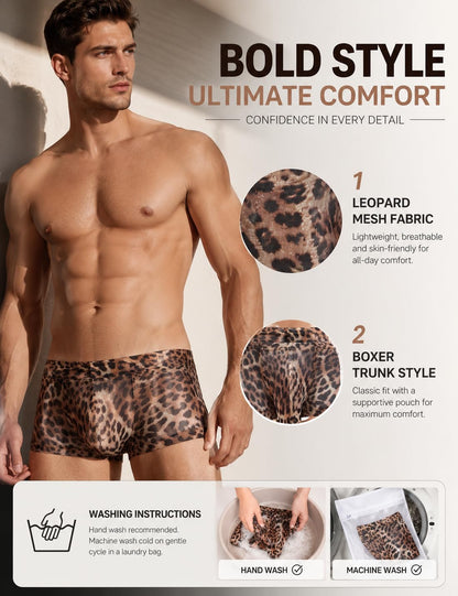 Leopard Print Underwear for Men Sexy Breathable Boxer Briefs Low Rise Silky Trunks Boxer Underpants Stretch