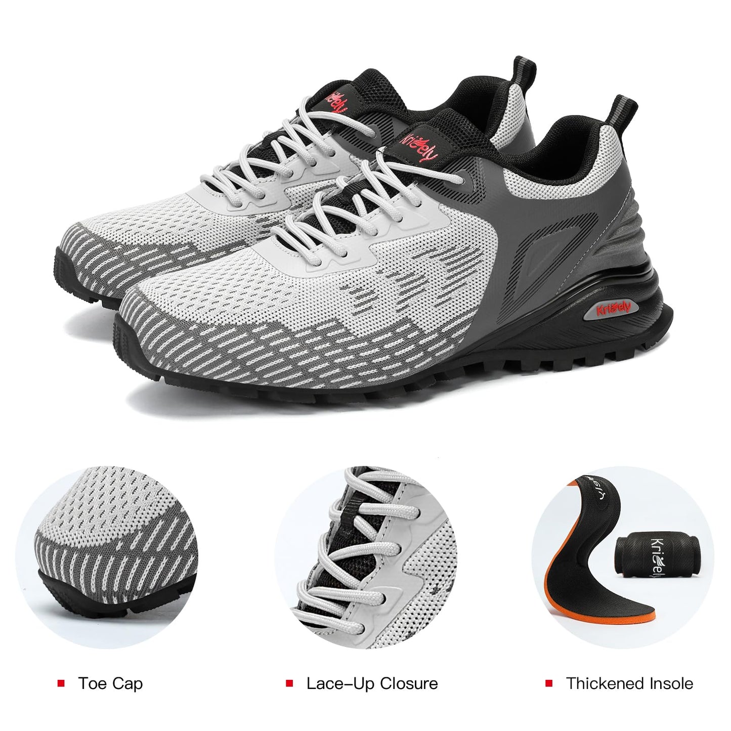 Kricely Men's Trail Running Shoes Non Slip Hiking Trekking Shoes Cross Training Tennis Shoes Breathable Fashion Sneakers Lightweight Workout Footwear Outdoor Gym Jogging Light Grey Size 10