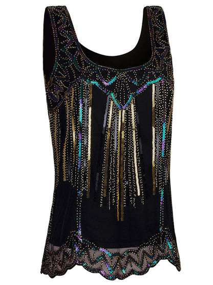 Vijiv Womens 1920s Vintage Beaded Tops Art Deco Sleeveless Embellished Sparkly Sequin Vest Tank Top Black Gold