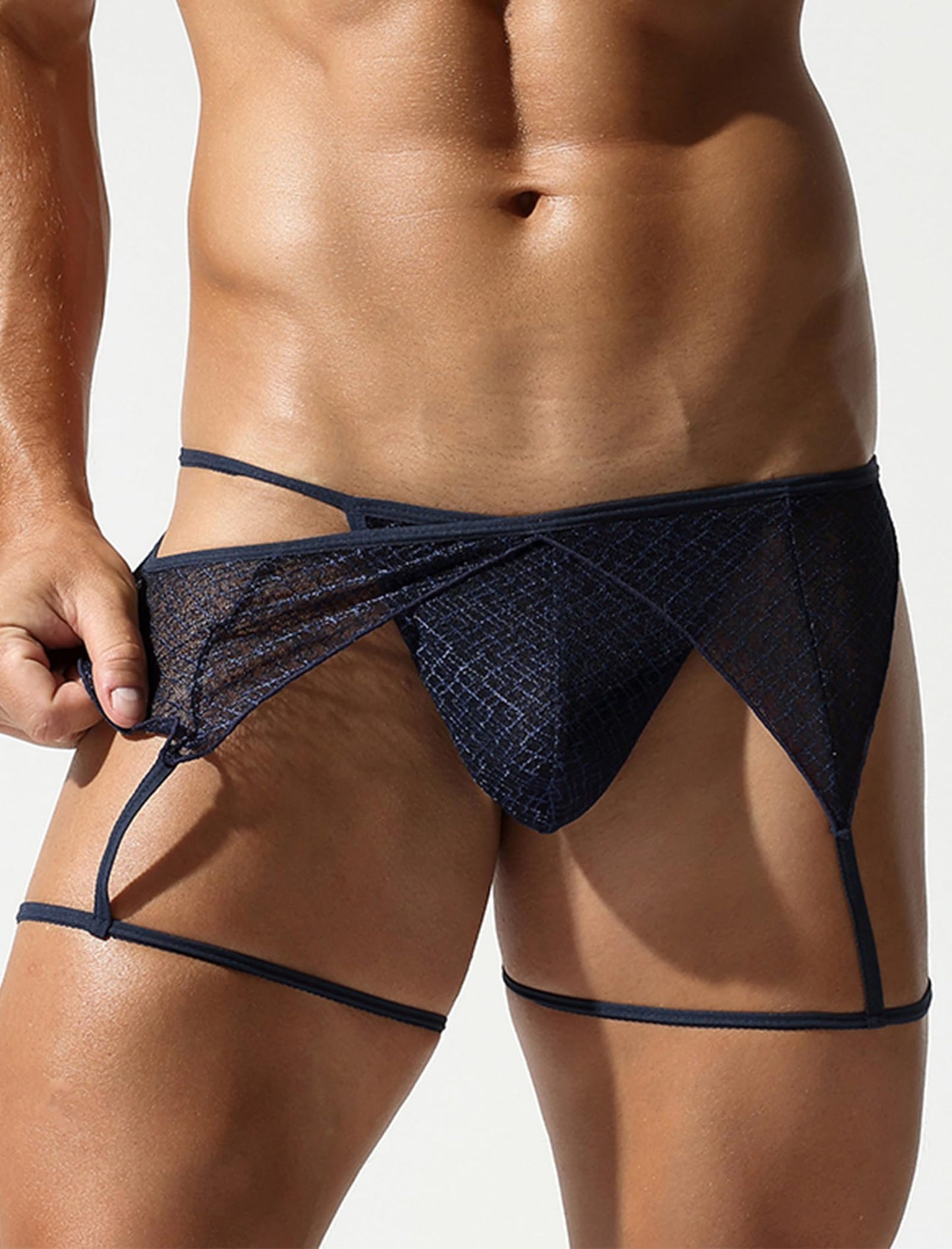 Men's Sissy Lingerie Sheer Mesh G-string Thong Lace Panties Garter Band Crossdresser Underwear Navy Blue Large