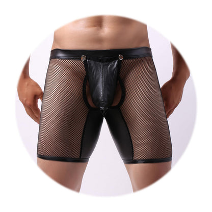 Evankin Men's See Through Sexy Mesh With Faux Leather Loose Shorts Pants Erotic Clubwear Button Removable Pouch(A4-50Hei,S)