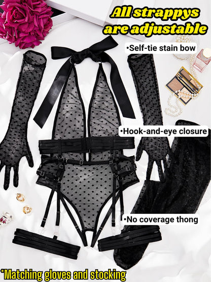 ChiaoLezhee Sheer Mesh Bodysuit, Exotic Wear Dancer, Sexy Lingerie 5 PC For Women Thigh High Stockings Garter Belt Dancewear, Black, Medium