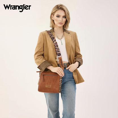 Wrangler Crossbody Bag for Women Western Leopard Crossbody Purse Meidum Shoulder Handbag Mom Purse with Wide Strap for Everyday Travel, WG-HB-205-9360-2-DBR