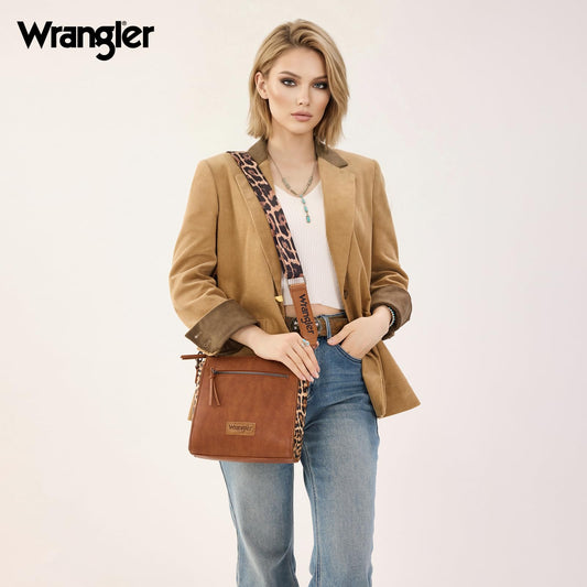Wrangler Crossbody Bag for Women Western Leopard Crossbody Purse Meidum Shoulder Handbag Mom Purse with Wide Strap for Everyday Travel, WG-HB-205-9360-2-DBR