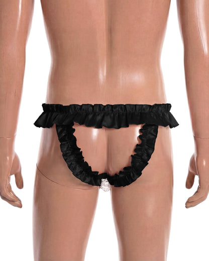 Satini Men's Satin Ruffle Bow Thong Sissy Knickers Briefs Jockstrap Panties (Black, XXL)