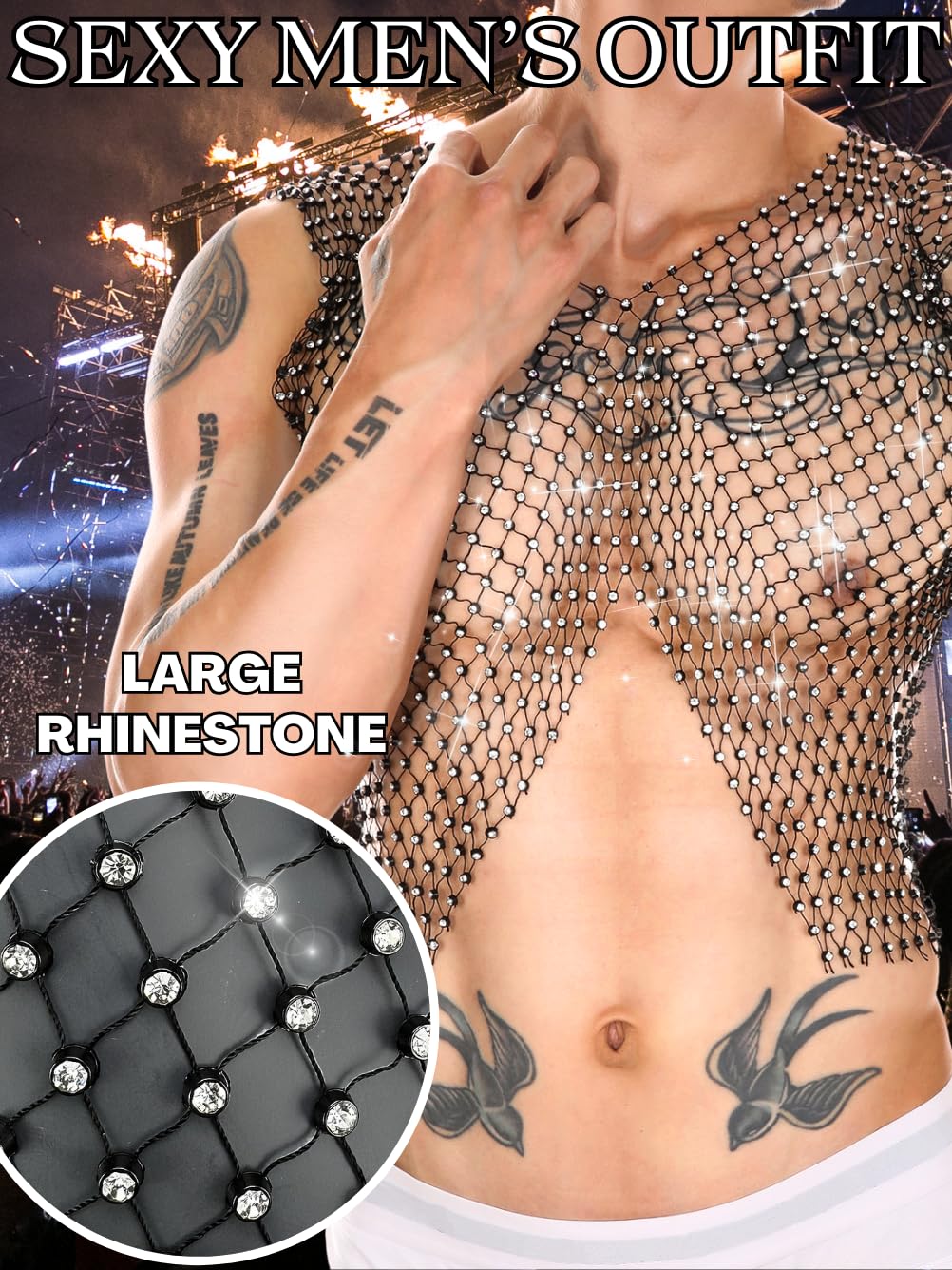 ChiaoLezhee Rhinestone Crop Tops for Men, Rave Outfits Concert Festival, Sexy Mesh Shirts, Sheer Sparkly Fishnet Tanks,Black,Small