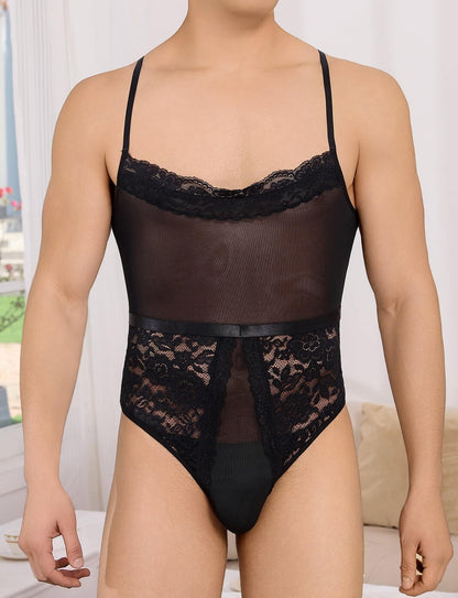 Men's Sissy Lingerie Bodysuit Sheer Lace Mesh Spaghetti Strap Cami Leotard Crossdress Underwear Black Medium