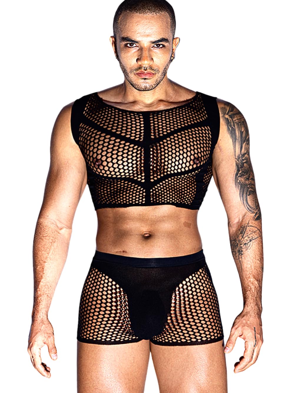 ChiaoLezhee Men's Tank Tops Mens Sexy Sheer Mesh Fishnet Crop Top Shirt Sissy Lingerie Man Underwear for Men Clothes Gay Black One Size